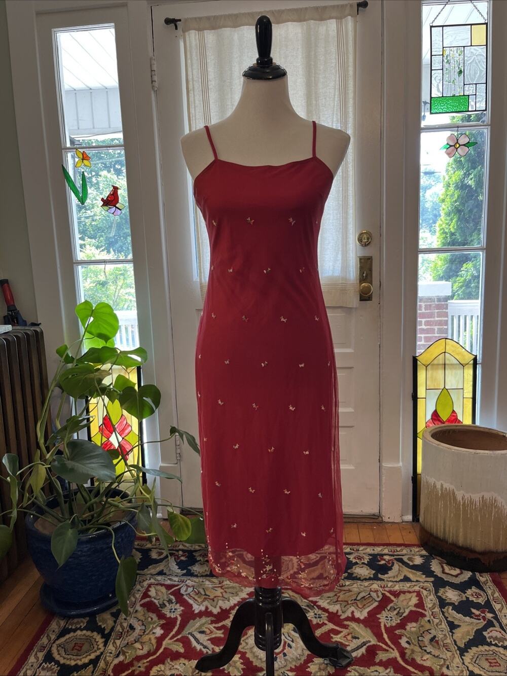 Vintage Y2K M Slip Dress Sheer Mesh Overlay Ditsy Floral Fairycore 90s A Aubrey